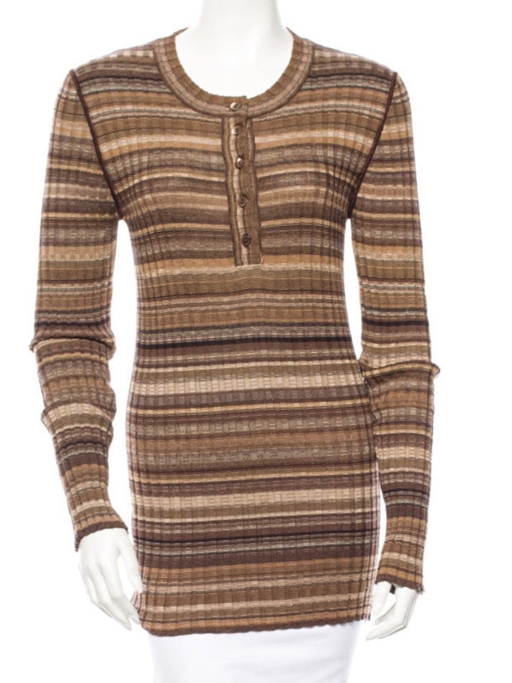 Dolce & Gabbana Multitone Brown Striped Ribbed Henley Sweater